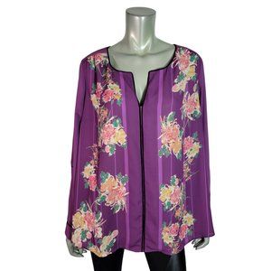 ModCloth‎ Top Plus Size 1X Roll Tab Sleeve Floral High Low Casual Career Purple